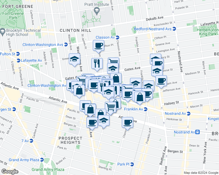 map of restaurants, bars, coffee shops, grocery stores, and more near 43 Putnam Avenue in Brooklyn