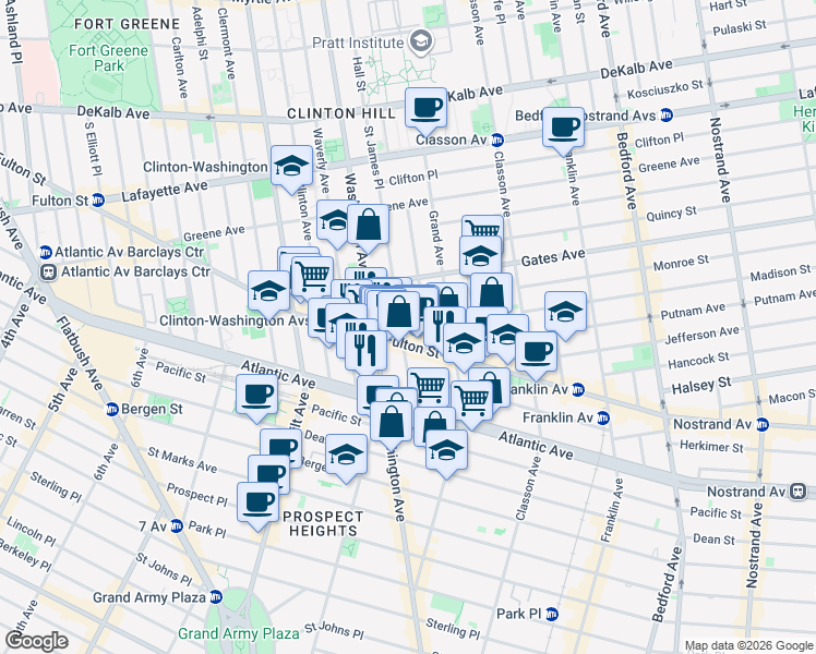 map of restaurants, bars, coffee shops, grocery stores, and more near 983 Fulton Street in Brooklyn