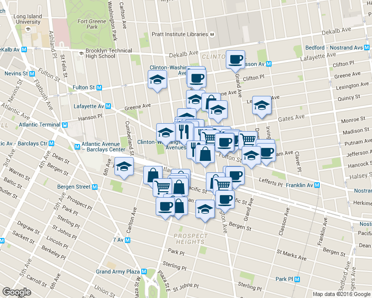 map of restaurants, bars, coffee shops, grocery stores, and more near 864 Fulton Street in Brooklyn