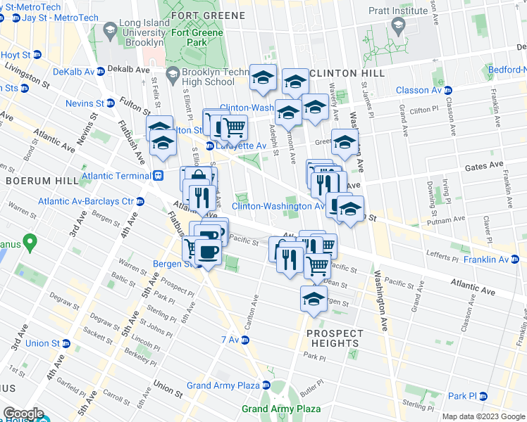 map of restaurants, bars, coffee shops, grocery stores, and more near 478 Carlton Avenue in Brooklyn