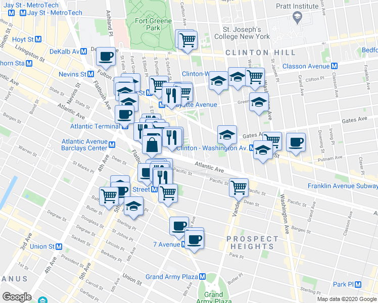 map of restaurants, bars, coffee shops, grocery stores, and more near 213 South Oxford Street in Brooklyn