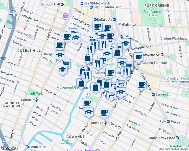 map of restaurants, bars, coffee shops, grocery stores, and more near 180 Nevins Street in Brooklyn