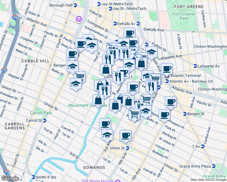 map of restaurants, bars, coffee shops, grocery stores, and more near 180 Nevins Street in Brooklyn