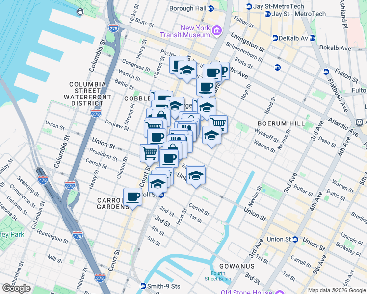 map of restaurants, bars, coffee shops, grocery stores, and more near 350 Degraw Street in Brooklyn