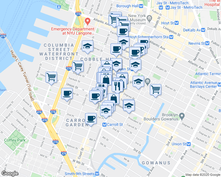 map of restaurants, bars, coffee shops, grocery stores, and more near 313 Sackett Street in Brooklyn