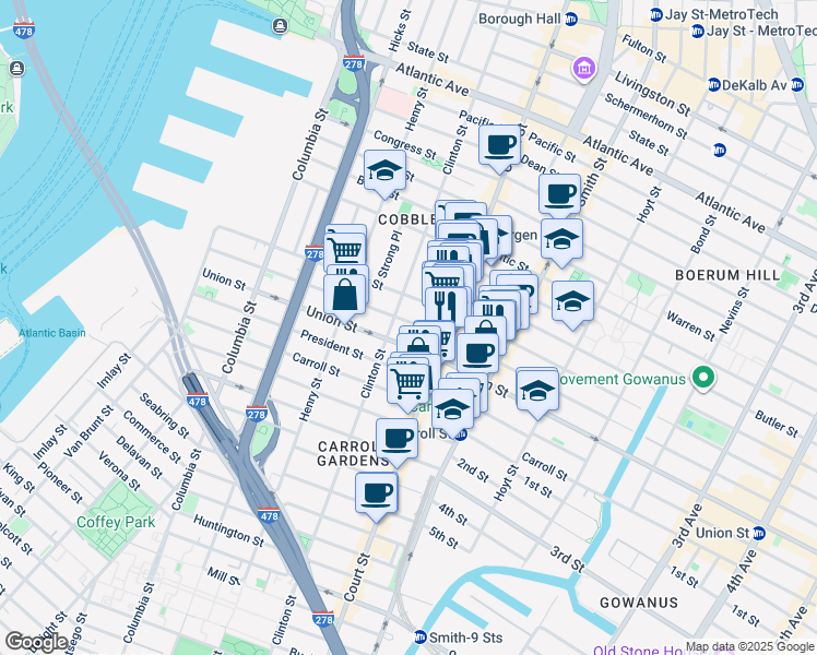map of restaurants, bars, coffee shops, grocery stores, and more near 352 Court Street in Brooklyn