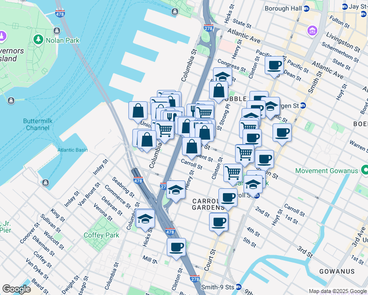 map of restaurants, bars, coffee shops, grocery stores, and more near 152 President Street in Brooklyn