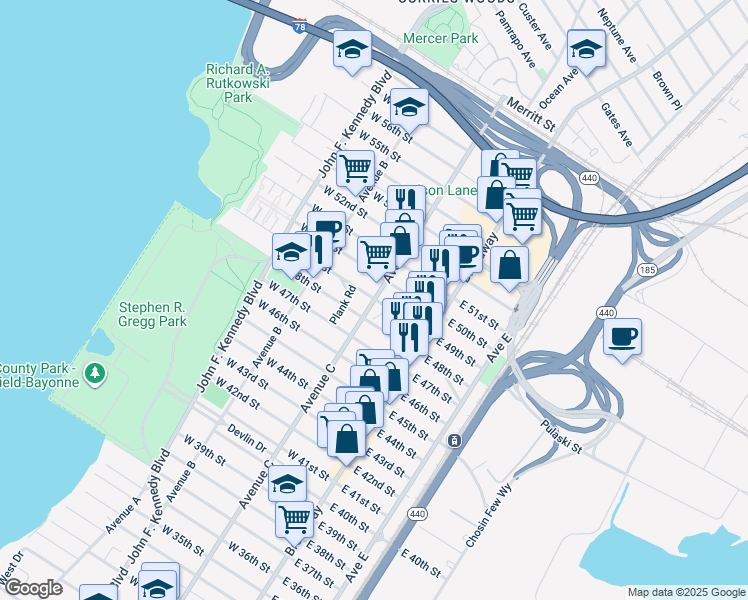 map of restaurants, bars, coffee shops, grocery stores, and more near 43-45 East 49th Street in Bayonne