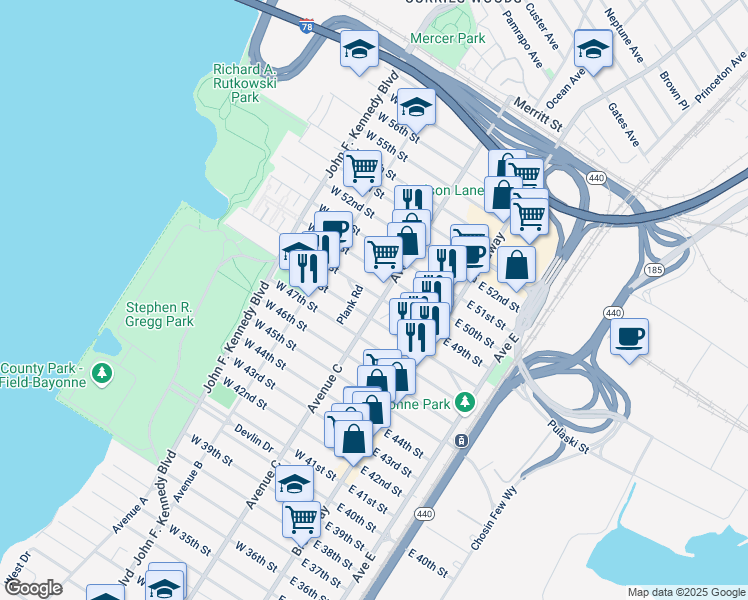 map of restaurants, bars, coffee shops, grocery stores, and more near 67 West 48th Street in Bayonne