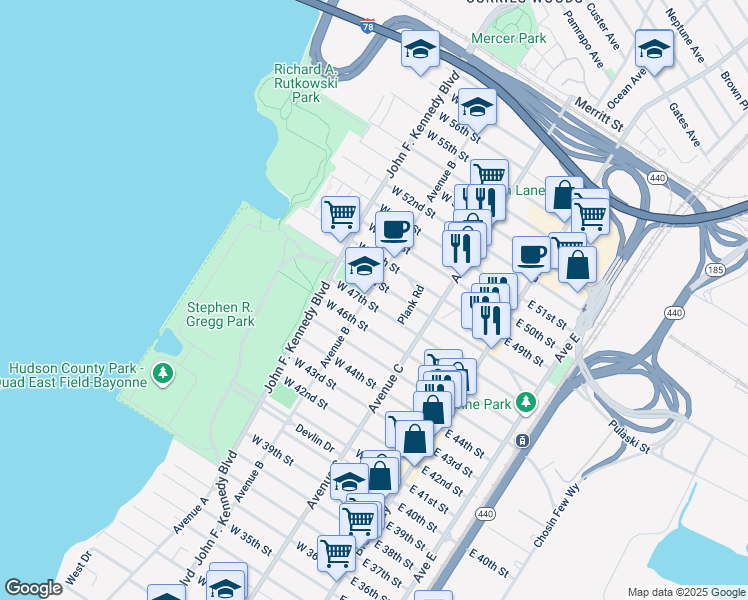 map of restaurants, bars, coffee shops, grocery stores, and more near 93 West 47th Street in Bayonne