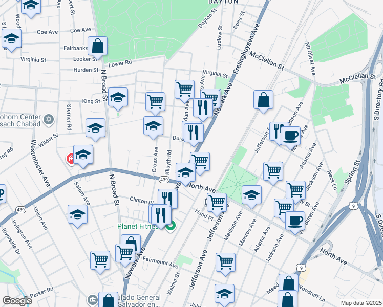 map of restaurants, bars, coffee shops, grocery stores, and more near 849 Sheridan Avenue in Elizabeth