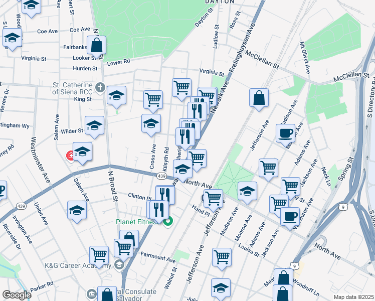 map of restaurants, bars, coffee shops, grocery stores, and more near 849 Sheridan Avenue in Elizabeth