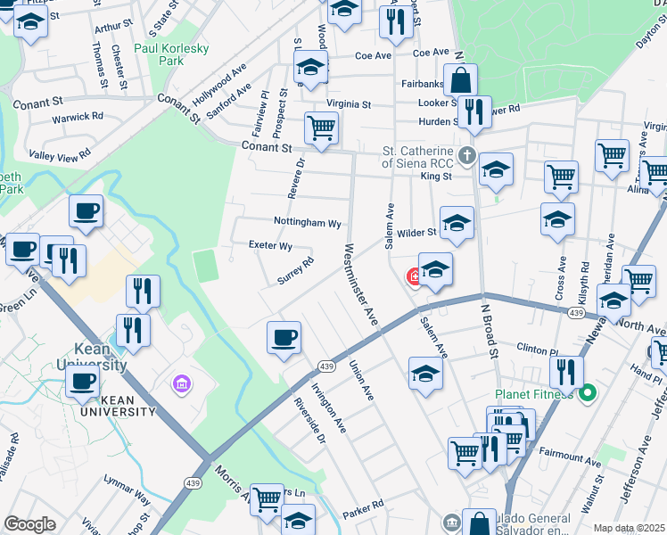 map of restaurants, bars, coffee shops, grocery stores, and more near 172 Wilder Street in Hillside