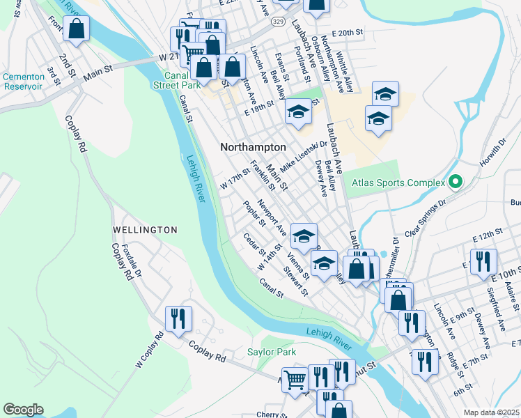 map of restaurants, bars, coffee shops, grocery stores, and more near 119 West 16th Street in Northampton