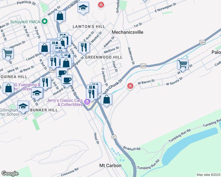 map of restaurants, bars, coffee shops, grocery stores, and more near 451 Mauch Chunk Street in Pottsville