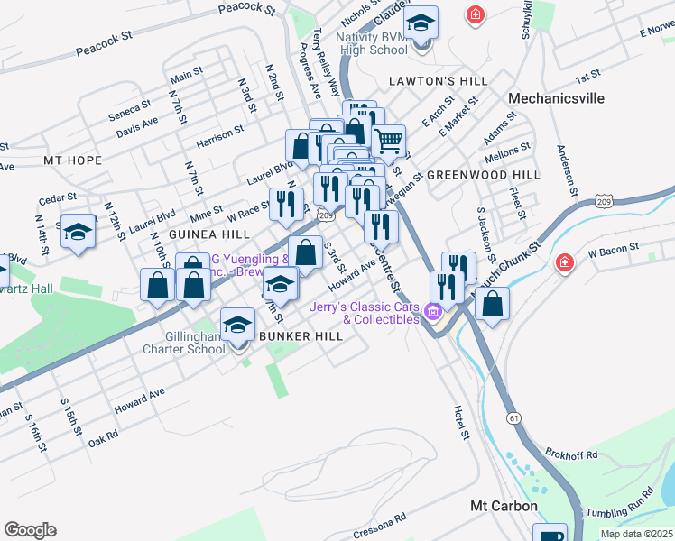 map of restaurants, bars, coffee shops, grocery stores, and more near 221 Howard Avenue in Pottsville