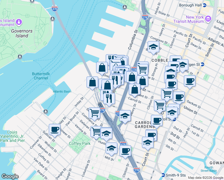 map of restaurants, bars, coffee shops, grocery stores, and more near 55 Carroll Street in Brooklyn