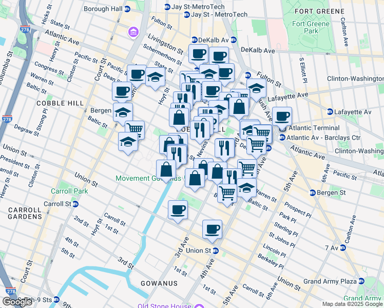 map of restaurants, bars, coffee shops, grocery stores, and more near 180 Nevins Street in Brooklyn