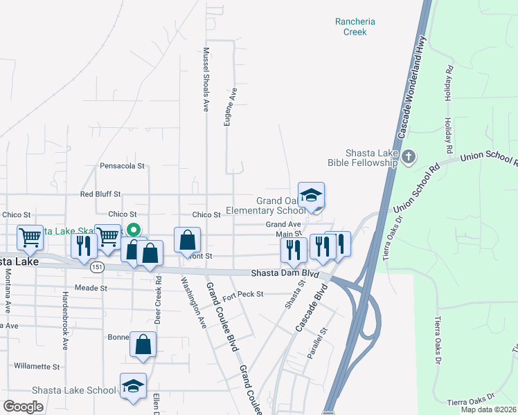 map of restaurants, bars, coffee shops, grocery stores, and more near 5047-5071 Chico Street in Shasta Lake