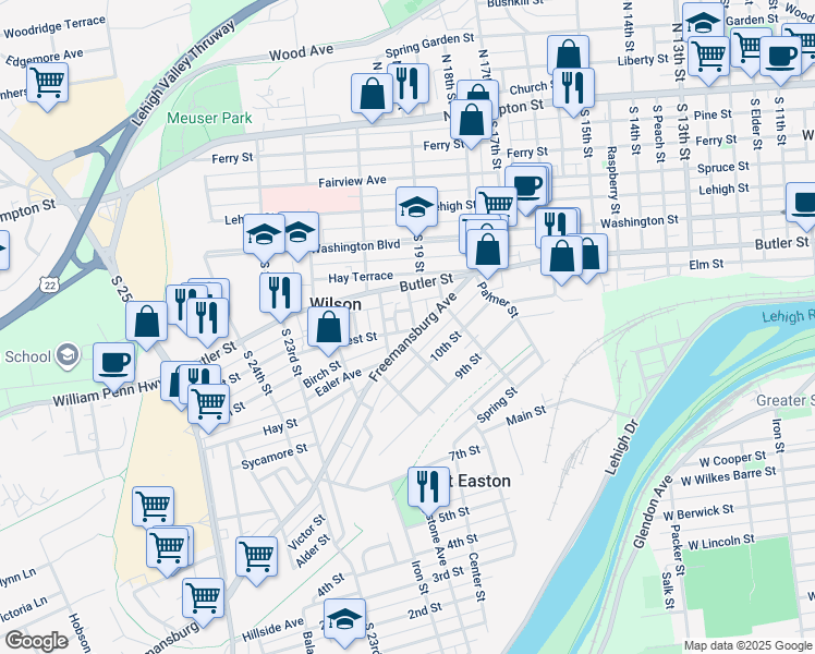 map of restaurants, bars, coffee shops, grocery stores, and more near 443 South 19 Street in Easton
