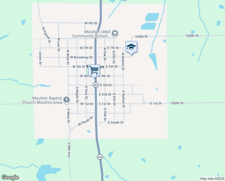 map of restaurants, bars, coffee shops, grocery stores, and more near 200 South Elm Street in Moulton