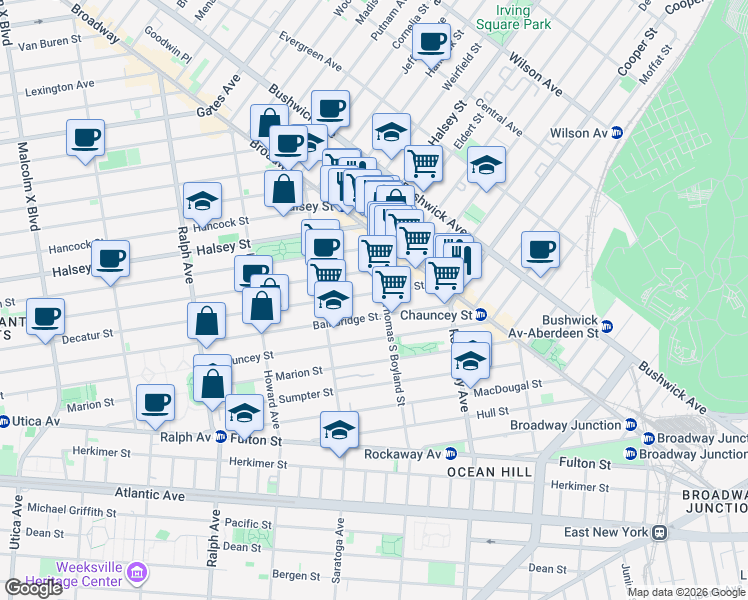 map of restaurants, bars, coffee shops, grocery stores, and more near 537 Bainbridge Street in Brooklyn