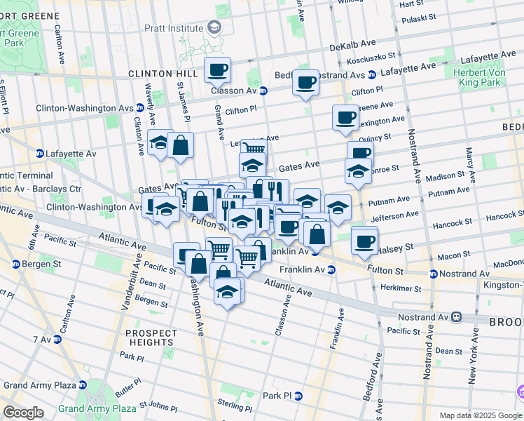 map of restaurants, bars, coffee shops, grocery stores, and more near 56 Irving Place in Brooklyn