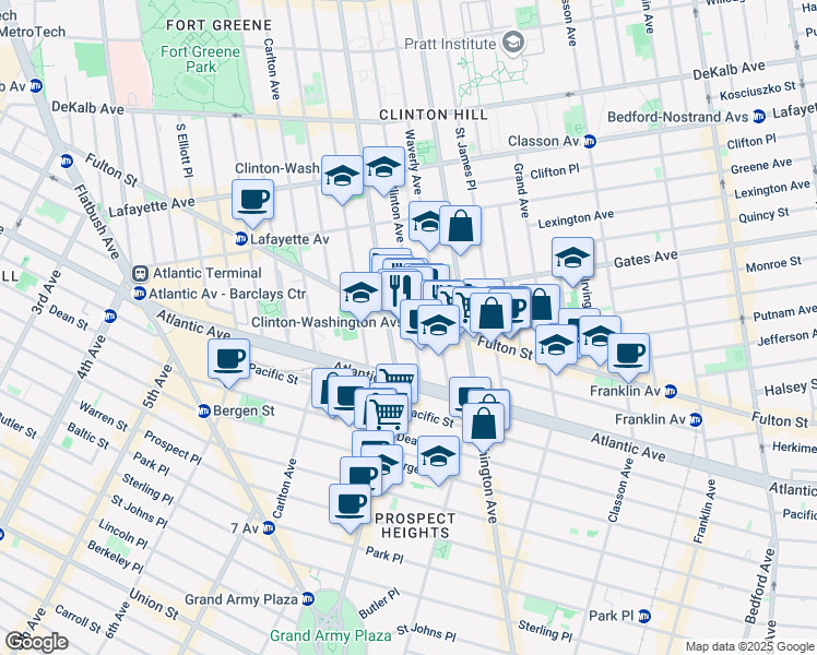 map of restaurants, bars, coffee shops, grocery stores, and more near 864 Fulton Street in Brooklyn