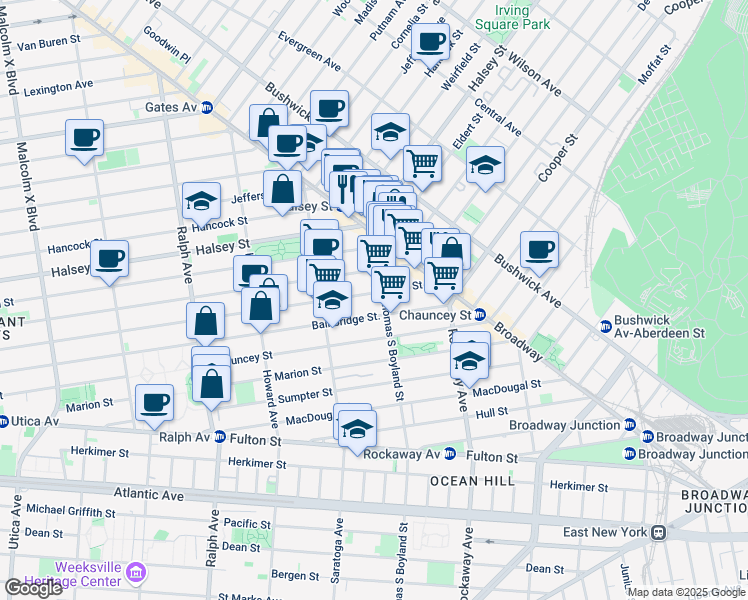 map of restaurants, bars, coffee shops, grocery stores, and more near 537 Bainbridge Street in Brooklyn