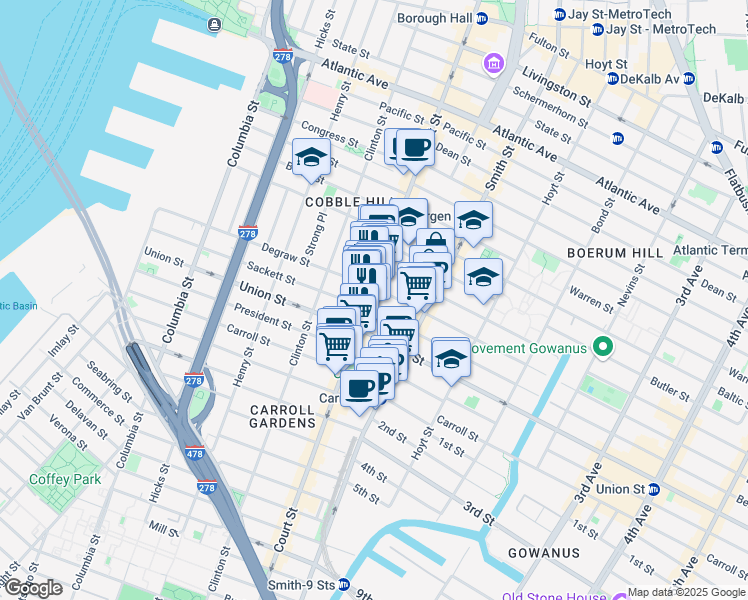 map of restaurants, bars, coffee shops, grocery stores, and more near 315 Court Street in Brooklyn