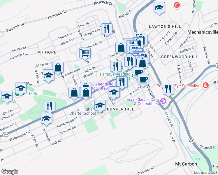 map of restaurants, bars, coffee shops, grocery stores, and more near 9 North 6th Street in Pottsville
