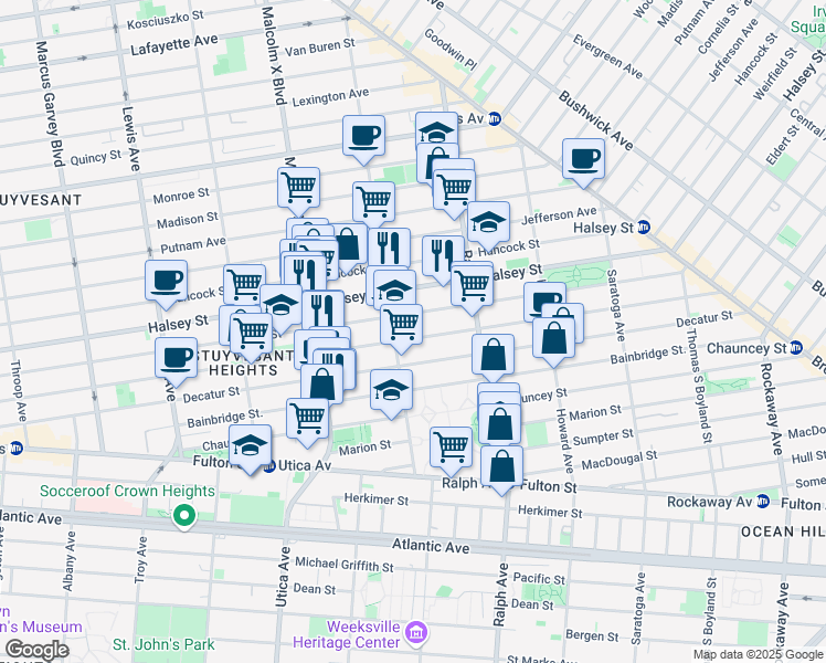 map of restaurants, bars, coffee shops, grocery stores, and more near 513 MacDonough Street in Brooklyn