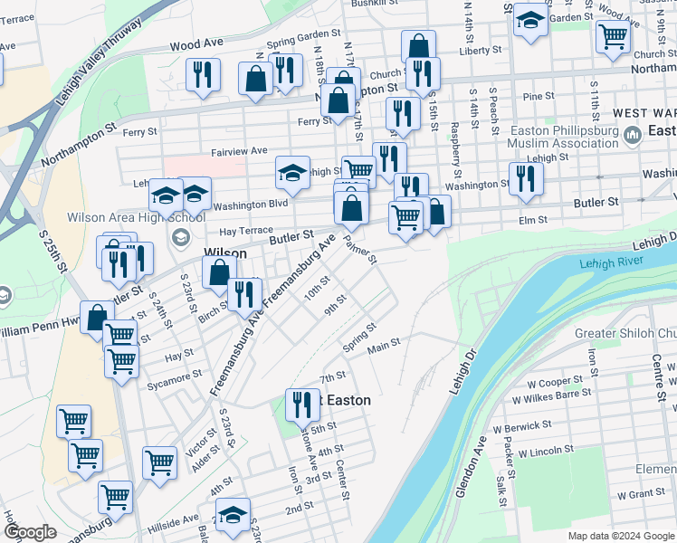 map of restaurants, bars, coffee shops, grocery stores, and more near 927 Ridge Street in Easton