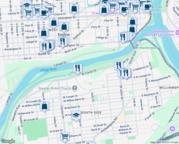 map of restaurants, bars, coffee shops, grocery stores, and more near 401 Canal Park in Easton