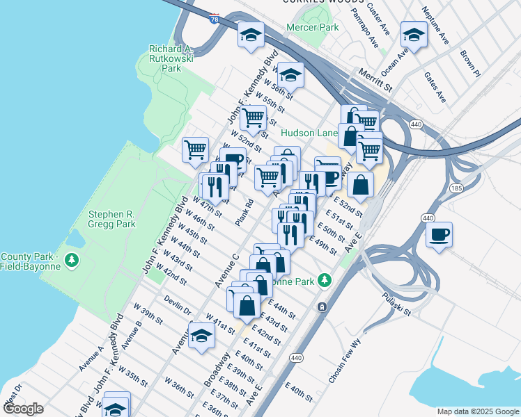 map of restaurants, bars, coffee shops, grocery stores, and more near 67 West 48th Street in Bayonne