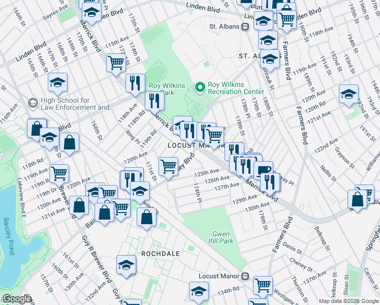 map of restaurants, bars, coffee shops, grocery stores, and more near in Queens