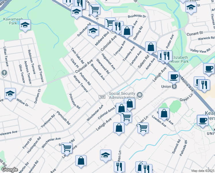 map of restaurants, bars, coffee shops, grocery stores, and more near 764 Salem Road in Union