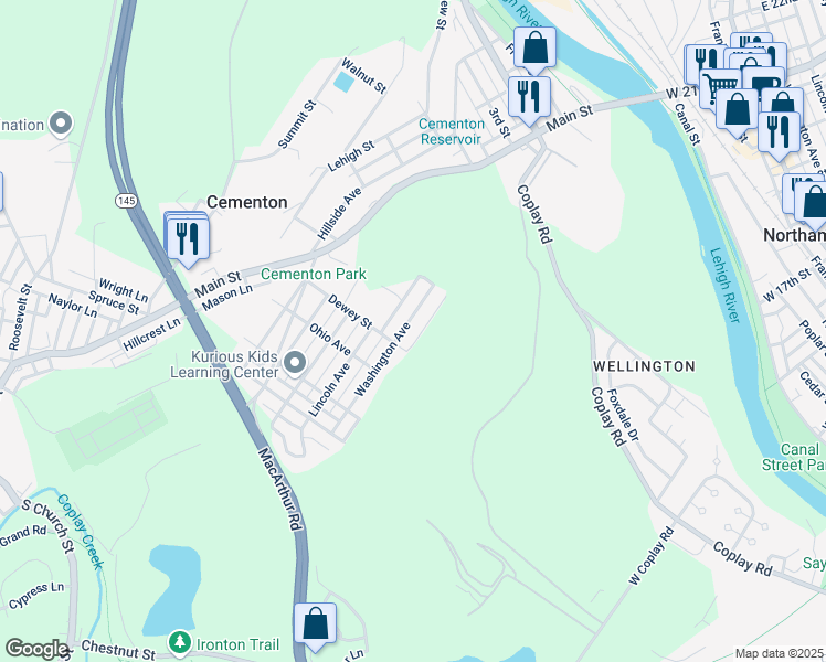 map of restaurants, bars, coffee shops, grocery stores, and more near 5029 Washington Avenue in Lehigh County