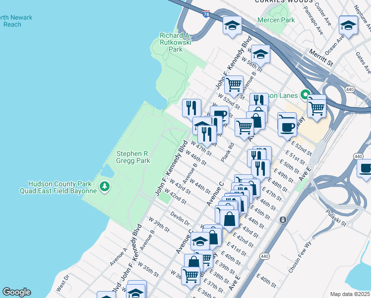 map of restaurants, bars, coffee shops, grocery stores, and more near 1074 John F. Kennedy Boulevard in Bayonne
