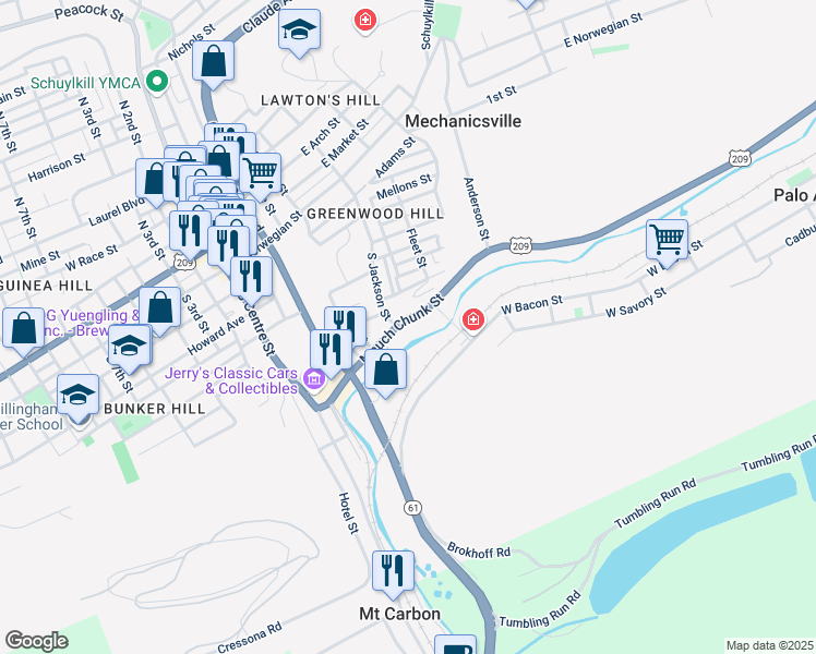 map of restaurants, bars, coffee shops, grocery stores, and more near 451 Mauch Chunk Street in Pottsville