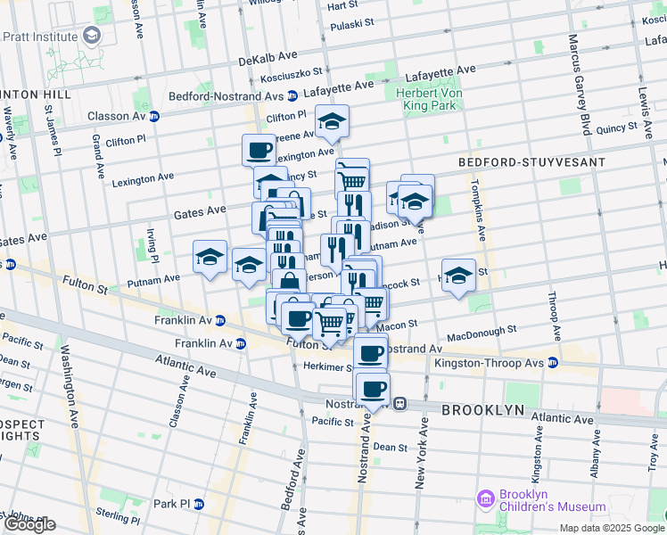 map of restaurants, bars, coffee shops, grocery stores, and more near 156 Jefferson Avenue in Brooklyn