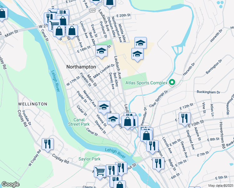 map of restaurants, bars, coffee shops, grocery stores, and more near 1415 Dewey Avenue in Northampton