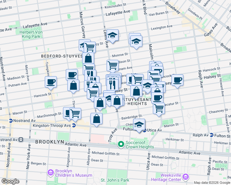 map of restaurants, bars, coffee shops, grocery stores, and more near 365 Lewis Avenue in Brooklyn