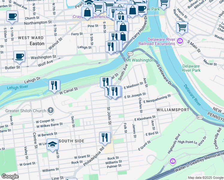map of restaurants, bars, coffee shops, grocery stores, and more near 148 West Madison Street in Easton