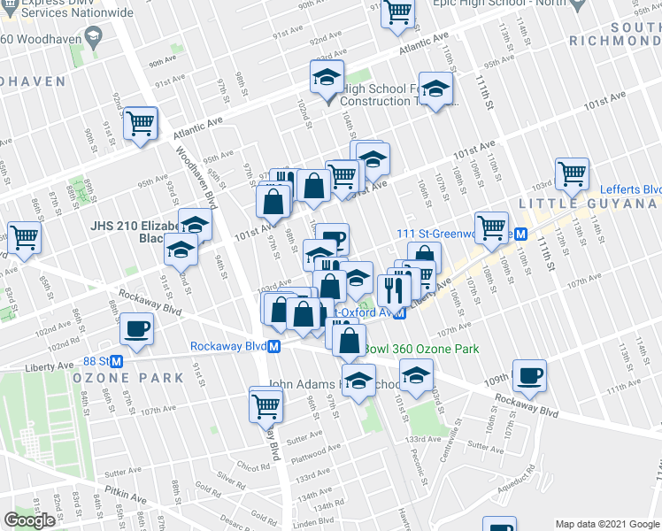 map of restaurants, bars, coffee shops, grocery stores, and more near 100-4 103rd Avenue in Queens