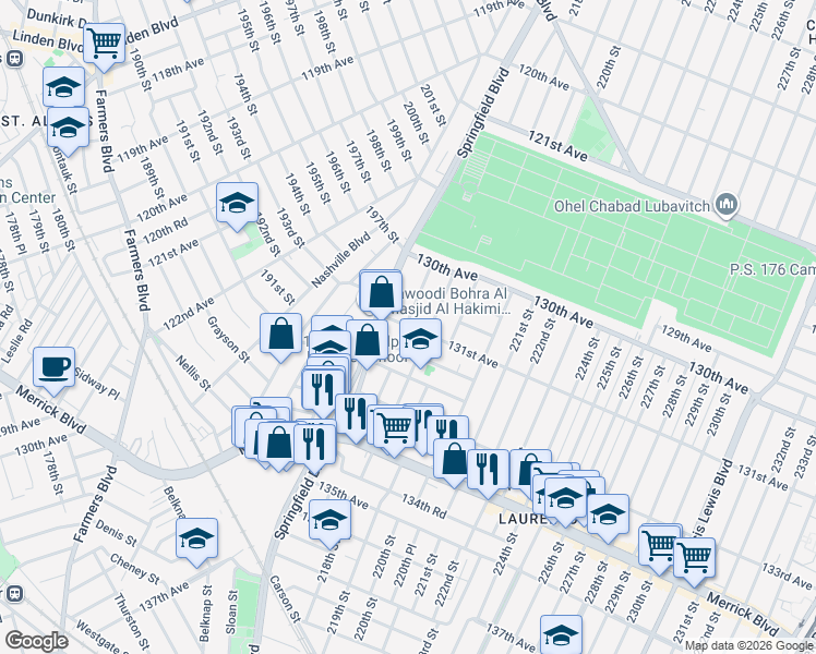 map of restaurants, bars, coffee shops, grocery stores, and more near 216-21 132nd Avenue in Queens