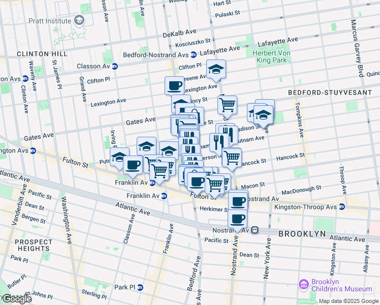 map of restaurants, bars, coffee shops, grocery stores, and more near 103 Jefferson Avenue in Brooklyn