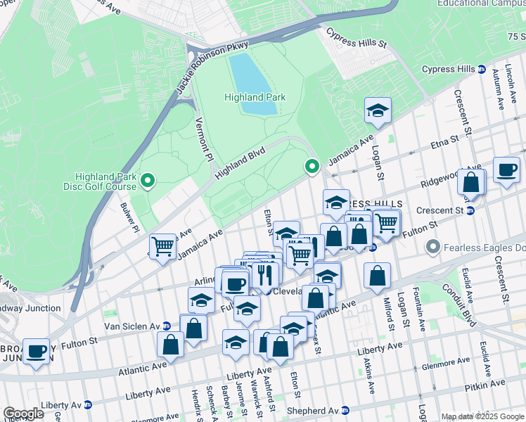 map of restaurants, bars, coffee shops, grocery stores, and more near 2 Elton Street in Brooklyn