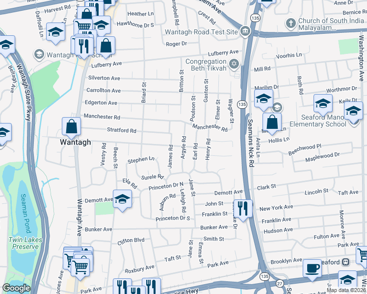 map of restaurants, bars, coffee shops, grocery stores, and more near 1567 Argyle Road in Wantagh