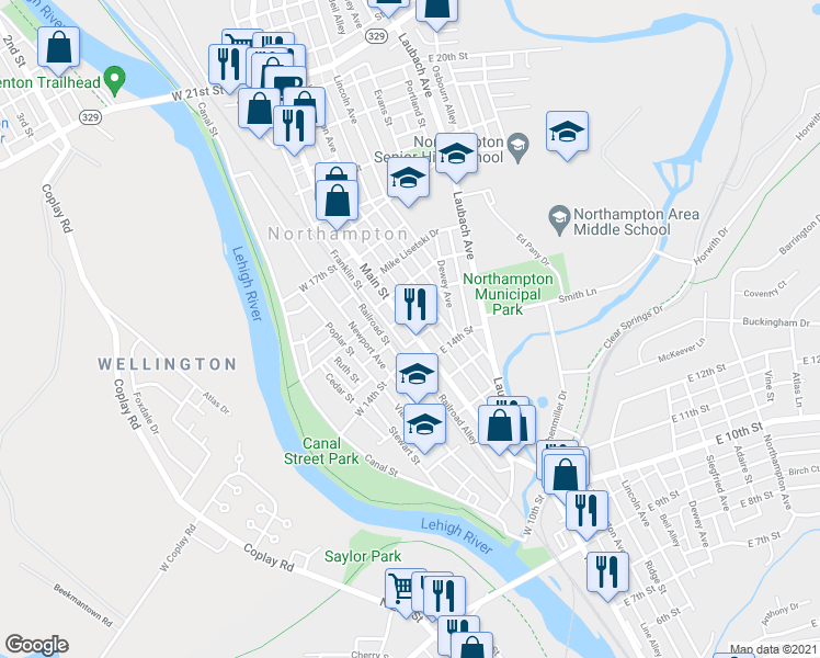map of restaurants, bars, coffee shops, grocery stores, and more near 1453 Main Street in Northampton